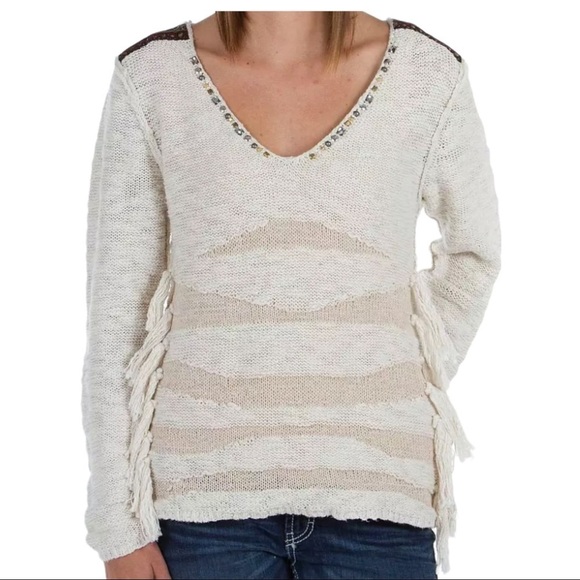 GIMMICKS by BKE Medium Beige Fringe Studded Sweater - Picture 1 of 11